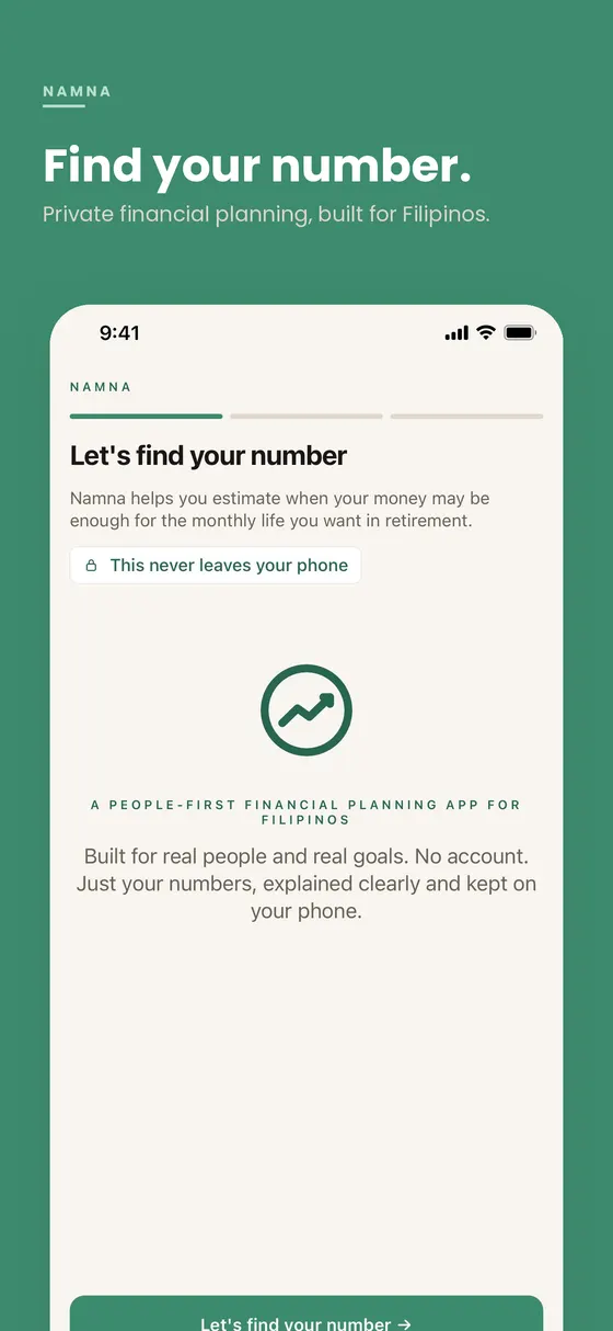 Namna onboarding screenshot inviting the user to find their number