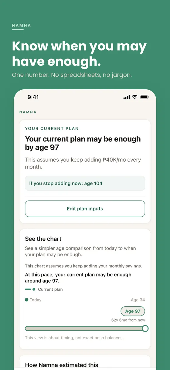 Namna estimate screen showing the current planning estimate