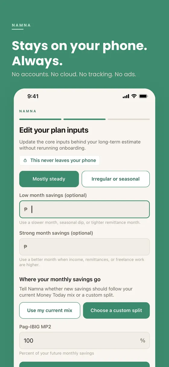 Namna privacy screenshot showing private on-device storage